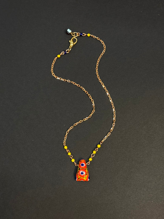 Bohemian Kiffa Pendant with Yellow Whiteheart Glass Beads Necklace